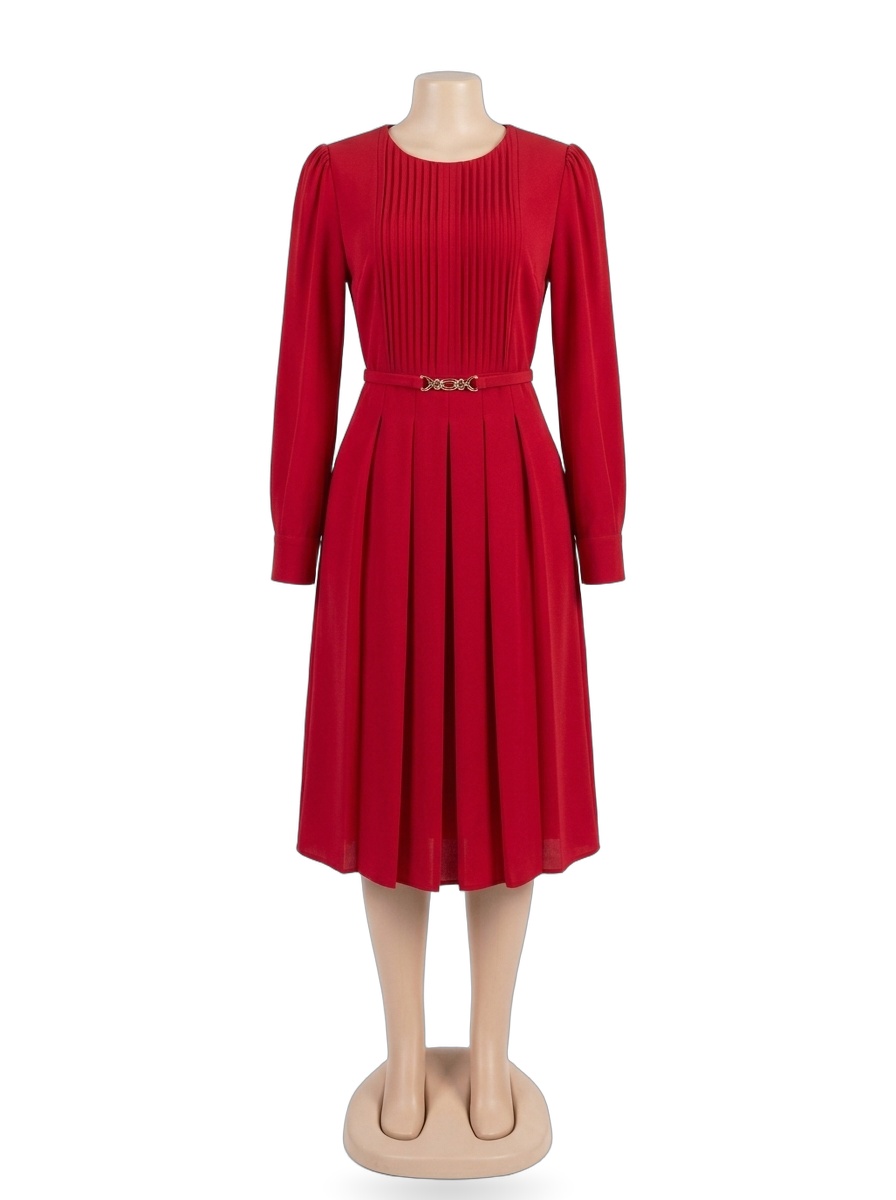 Crimson Pintuck Pleated Belted Midi Dress